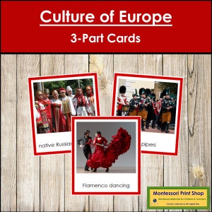 Culture de l'Europe (code couleur) - Cartes Montessori Continent - Géographie - Cartes Montessori imprimables - Téléchargement numérique