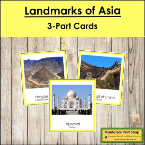 Monuments d'Asie (code couleur) - Cartes Montessori Continent - Géographie - Cartes Montessori imprimables - Téléchargement numérique