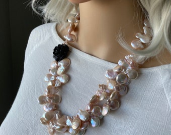Luscious Blush Baroque Pearls & Black Rose Necklace-Designer Statement-Chunky-Boho Modern Luxe-Unique-Gorgeous-Wedding/Bridal-June Birthday