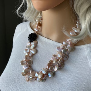 Luscious Blush Baroque Pearls & Black Rose Necklace-Designer Statement-Chunky-Boho Modern Luxe-Unique-Gorgeous-Wedding/Bridal-June Birthday