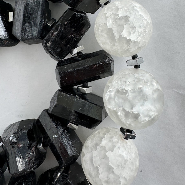 Black & White Gemstone Necklace-Designer Statement-Big Bold Organic Boho Chic-Crystals-Exclusive Artwear for You-Unique Present for Her