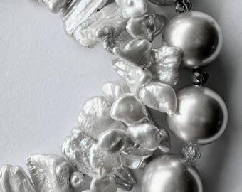 Silvery Freshwater Pearl Necklace-Designer Statement-Chunky-Boho Chic-Keshi Baroque-June Birthday-Unique Edgy Bridal-Exclusive Artwear-Gift