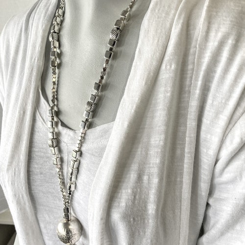 Long Light 'Chunky' Silver Necklace-Lariat Pendant Lagenlook-Designer Asymmetric Necklace-Exclusive Artwear-Unique shops Christmas Gift for Her