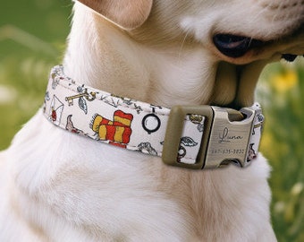 Engraved Dog Collar Personalized With Name Address Number Text Cotton Pet Collar customizable Puppy collar Wizard School Color