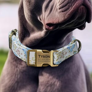Engraved Dog Collar Personalized With Name Address Number Text Cotton Pet Collar customizable Puppy collar Vintage Rose Blue Color