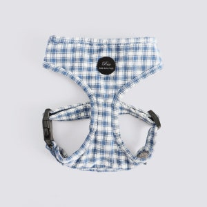 Organic Cotton Dog Harness Black Hardware Full Sizes Vest Pet Harness For Everyday Walking Gingham Blue