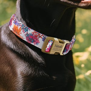 Engraved Dog Collar Personalized With Name Address Number Text Cotton Pet Collar customizable Puppy collar Blooms Color