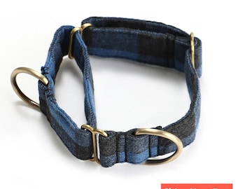 Martingale Dog Collar Premium Comfort Organic Cotton Adjustable Martingale Puppy Collar Plaid Blue Color