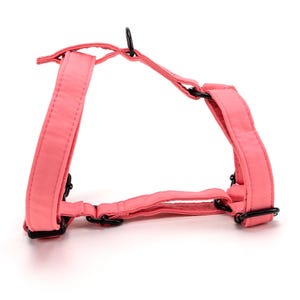 May include: A coral-colored dog harness with black metal hardware. The harness features adjustable straps and a ring for leash attachment. The design is simple and functional, suitable for small to medium-sized dogs.