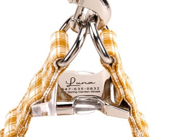 Harnais pour chien gravé Step In, coton biologique, taille réelle, nom et numéro d'adresse pour une promenade quotidienne Vichy jaune
