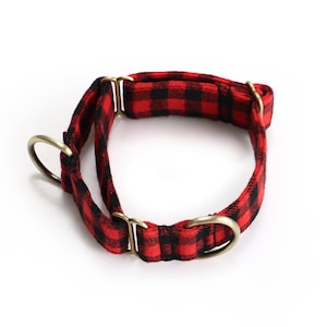 Martingale Dog Collar Premium Comfort Organic Cotton Adjustable Martingale Puppy Collar   Buffalo Plaid Red Color