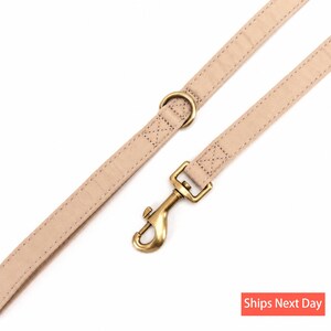 May include: A light tan leather dog lead featuring a brass swivel snap hook and a matching brass D-ring. The strap is constructed with reinforced cross-stitching at the connection points for durability, showcasing a smooth, matte finish.
