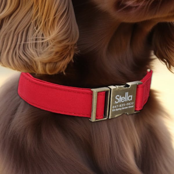 Engraved Dog Collar Personalized With Name Address Number Text Cotton Pet Collar customizable Puppy collar Poinciana Red Color