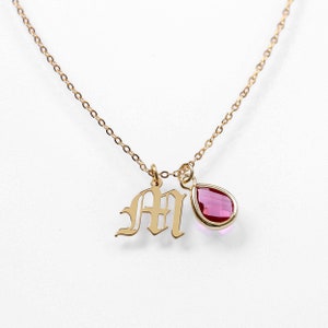 Initial Necklace - Old English 1 Letter with Birthstone - Letter Necklace -  Bridesmaid Gift ~ Gift for her