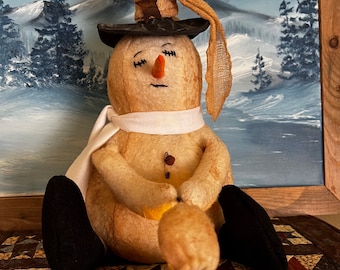 Toasty nights snowman, primitive handmade snowman, folk art, handmade seasonal decor, snowman dolls, winter decor, snowman decor