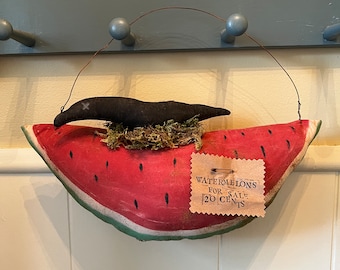 Olde summer watermelon and crow hanger, crow and watermelon, handmade wall hanger, primitive farmhouse decor, primitive wall hanger,folk art