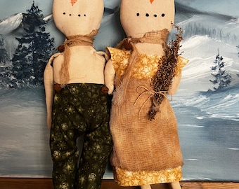 Primitive snow folk, winter decor, snowmen, snow women, holiday decorations, primitive dolls, handmade dolls, folk art, peg hangers