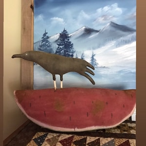 Primitive old time watermelon and crow, watermelon, crow, primitive handmade, summer decor, farmhouse decor, folk art, handmade decor