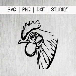 May include: Black and white silhouette of a rooster's head, facing left, with a detailed comb and wattle.