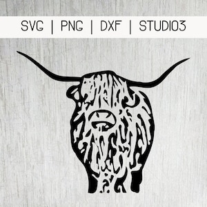 May include: Black and white silhouette of a Highland cow with long horns. The cow has a shaggy coat and a friendly expression.