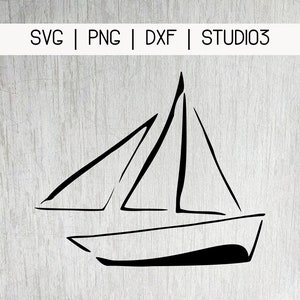 May include: A black and white line drawing of a sailboat with a single sail.