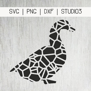 Könnte beinhalten: Schwarze und weiße geometrische Silhouette einer Ente. Die Ente besteht aus vielen kleinen, ineinandergreifenden Formen.