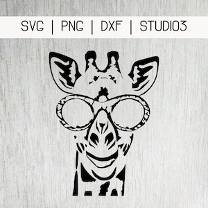 May include: Black and white silhouette of a giraffe wearing round sunglasses. The giraffe is smiling.