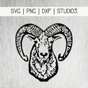 May include: Black and white silhouette of a ram's head with large curled horns. The ram's head is facing forward with a detailed textured design.
