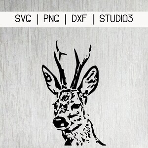 Könnte beinhalten: Schwarz-weiße Silhouette eines Hirschkopfes mit Geweih. Der Hirsch schaut nach links.