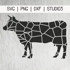 May include: Black and white geometric silhouette of a cow. The cow is made up of many small, connected shapes.