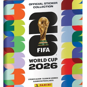 May include: A Panini sticker album for the FIFA World Cup 2026. The cover features the FIFA trophy, the tournament logo, and the text "OFFICIAL STICKER COLLECTION". The album has a colorful design with the Panini logo at the bottom.