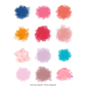 May include: Twelve watercolour paint swatches in various colours, including blue, pink, orange, red, brown, and turquoise. The swatches are arranged in a grid pattern on a white background. The text "Watercolor Splashes * Meena's Happy Life" is at the bottom of the image.