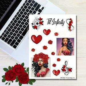 Puede incluir: Una hoja imprimible digital con el texto "Til Infinity" y un corazón con rosas. Hay varias otras imágenes de corazones, rosas y una mujer con una corona de rosas. El texto "Til Infinity" aparece de nuevo en la parte inferior de la hoja.