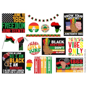 May include: A collection of digital graphics celebrating Juneteenth, a holiday commemorating the emancipation of enslaved African Americans. The graphics feature various designs with the colors red, black, and green, including text, illustrations, and flags.