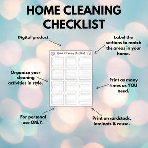 Printable Home Cleaning Checklist, House Cleaning Checklist Schedule Sheet, Cleaning Planner, Digital File, INSTANT DOWNLOAD, 8.5 x 11 in.