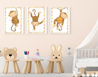Set of 3 Playful Monkeys Baby Nursery kids Bedroom Playroom Printable Wall Art | Home Décor | Digital file | INSTANT DOWNLOAD | 11 x 17 in