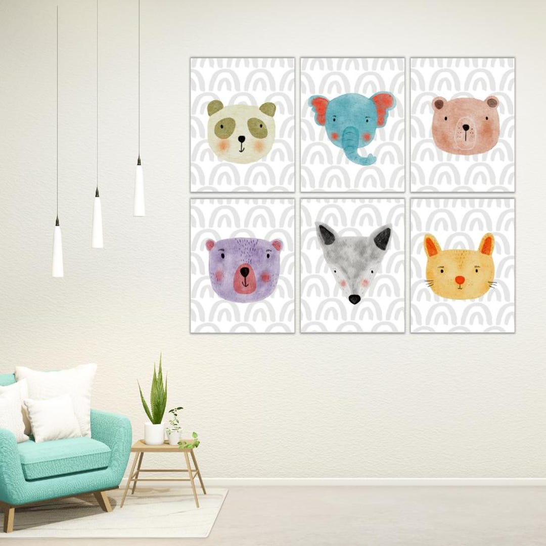 Set of Six Animal Face Nursery Kids Bedroom Playroom Daycare Printable ...