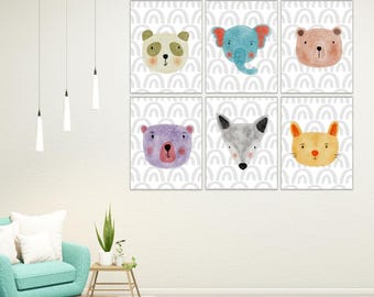 Set of six Animal Face Nursery Kids Bedroom Playroom Daycare Printable Wall Art | Home Décor | Digital file | INSTANT DOWNLOAD | 16 x 20 in