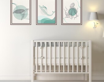 Set of three Marine animals, sea creatures, ocean, turtle, octopus, whale, kids wall art, DIGITAL, printable, INSTANT DOWNLOAD, 8.5 X 11 in.