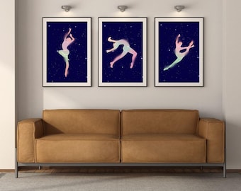 Set of 3 Ballet Dancer Outline on Galaxy Background Bedroom Playroom Printable Wall Art | Home Décor | Gift | INSTANT DOWNLOAD | 11 x 17 in