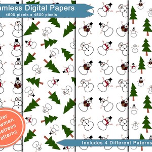 Winter Snowmen & Pinetrees Seamless Digital Paper Backgrounds