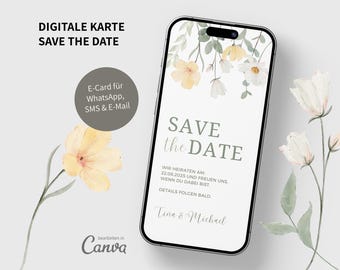 Save the Date, Digital Invitation, Wedding, WhatsApp, Canva, Template, Wildflowers, Eucalyptus, eCard, Marriage, Greenery, Flowers