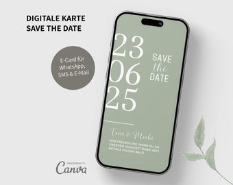 Save the Date, Digital Invitation, Wedding, WhatsApp, Canva, Template, Sage, eCard, Marriage, Greenery, Sage
