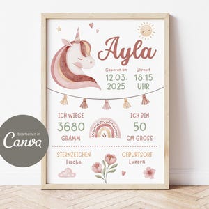 Póster de nacimiento, tablero de nacimiento, foto de nacimiento, póster para habitación de niños, boho, regalo de nacimiento personalizado, descarga, unicornio, arcoíris, sol