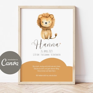 Geburtsposter, Geburtstafel, Geburtsbild, Kinderzimmerposter, Boho, personalisiertes Geschenk Geburt, Download, Löwe