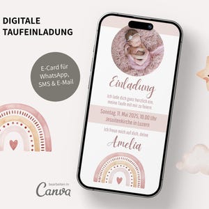Doopuitnodiging, digitale uitnodiging, doop, WhatsApp, baby, Canva, sjabloon, boho, eCard, regenboog