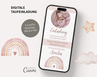 Zaproszenie na chrzest, zaproszenie cyfrowe, chrzest, WhatsApp, dziecko, Canva, szablon, boho, eCard, tęcza