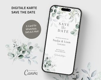 Save the Date, Digital Invitation, Wedding, WhatsApp, Canva, Template, Sage, eCard, Marriage, Greenery