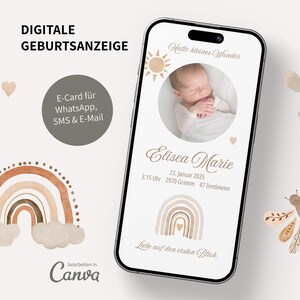 Geburtsanzeige, Digitale Geburtsanzeige, Geburt, Geburtsverkündung, WhatsApp, Baby, Canva, Vorlage, Boho, HalloWelt, eCard