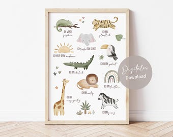 May include: A white background with a colorful illustration of various animals. The animals include a chameleon, tiger, elephant, toucan, crocodile, lion, giraffe, and zebra. Each animal has a German phrase written below it. The phrases are: "Ich werde gezen", "Ich bin glacflick", "Ich liebe mich selbst", "Ich werde gebert", "Ich bin chalsick", "Ich bin mutig", "Ich bin einzigartig", and "Ich bin geng".